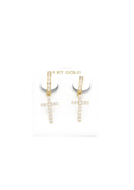 14K Cross CZ Hoop Earrings